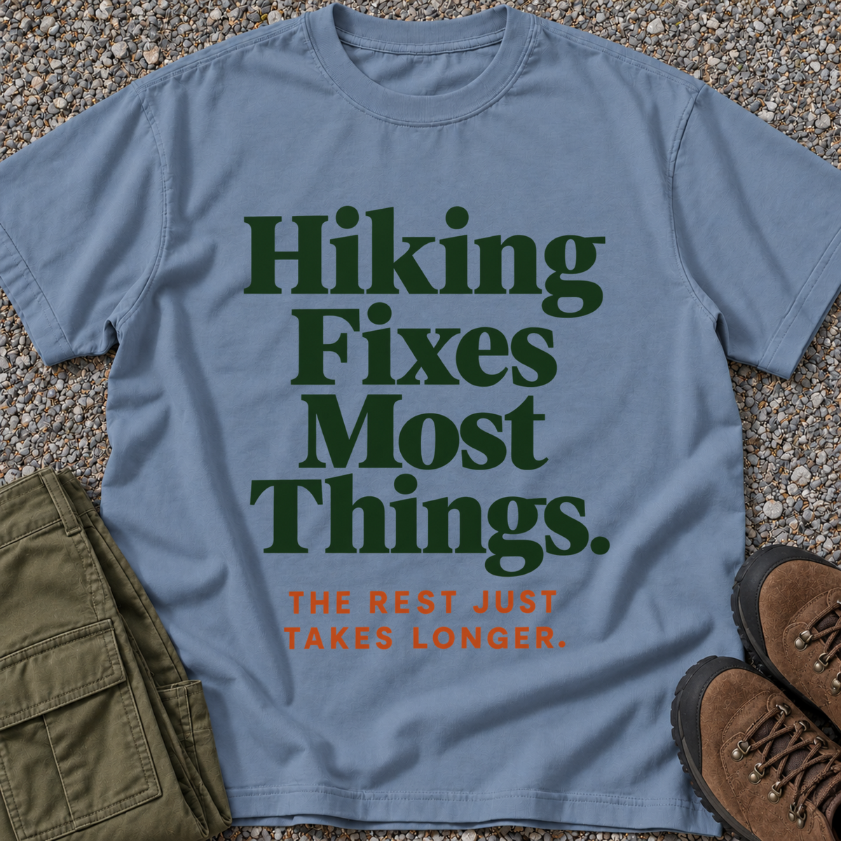 Hiking Fixes Most Things T-shirt in Blue Jean