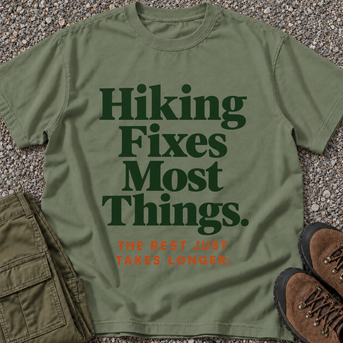Hiking Fixes Most Things T-shirt in Moss