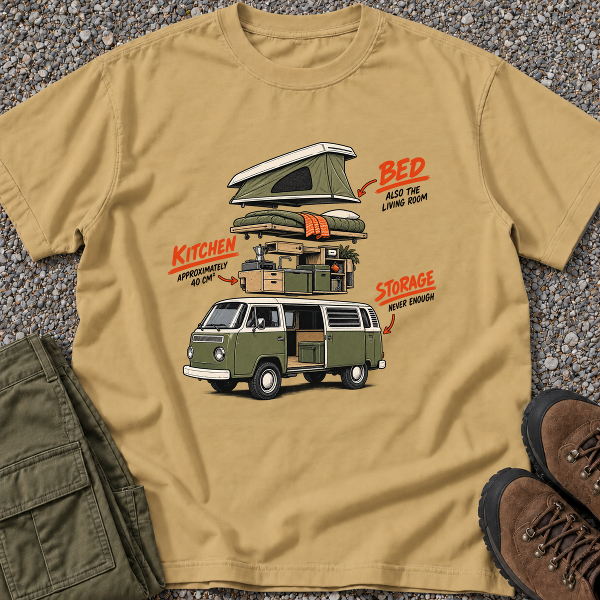 Camper Van Exploded View T-shirt in Mustard