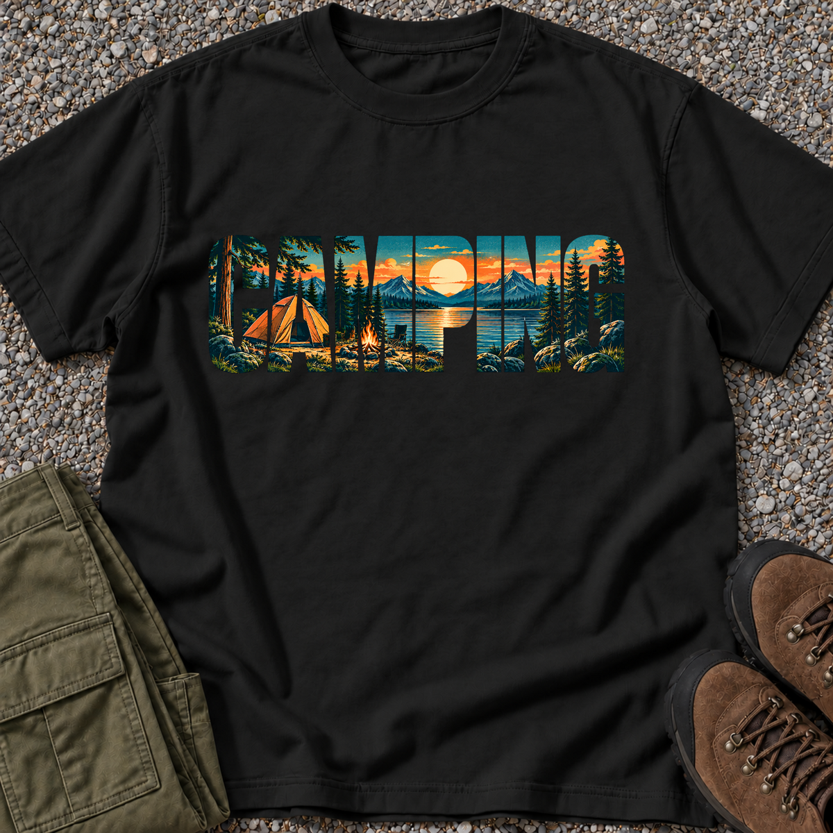 Camping Scenic Lettering T-shirt in Black