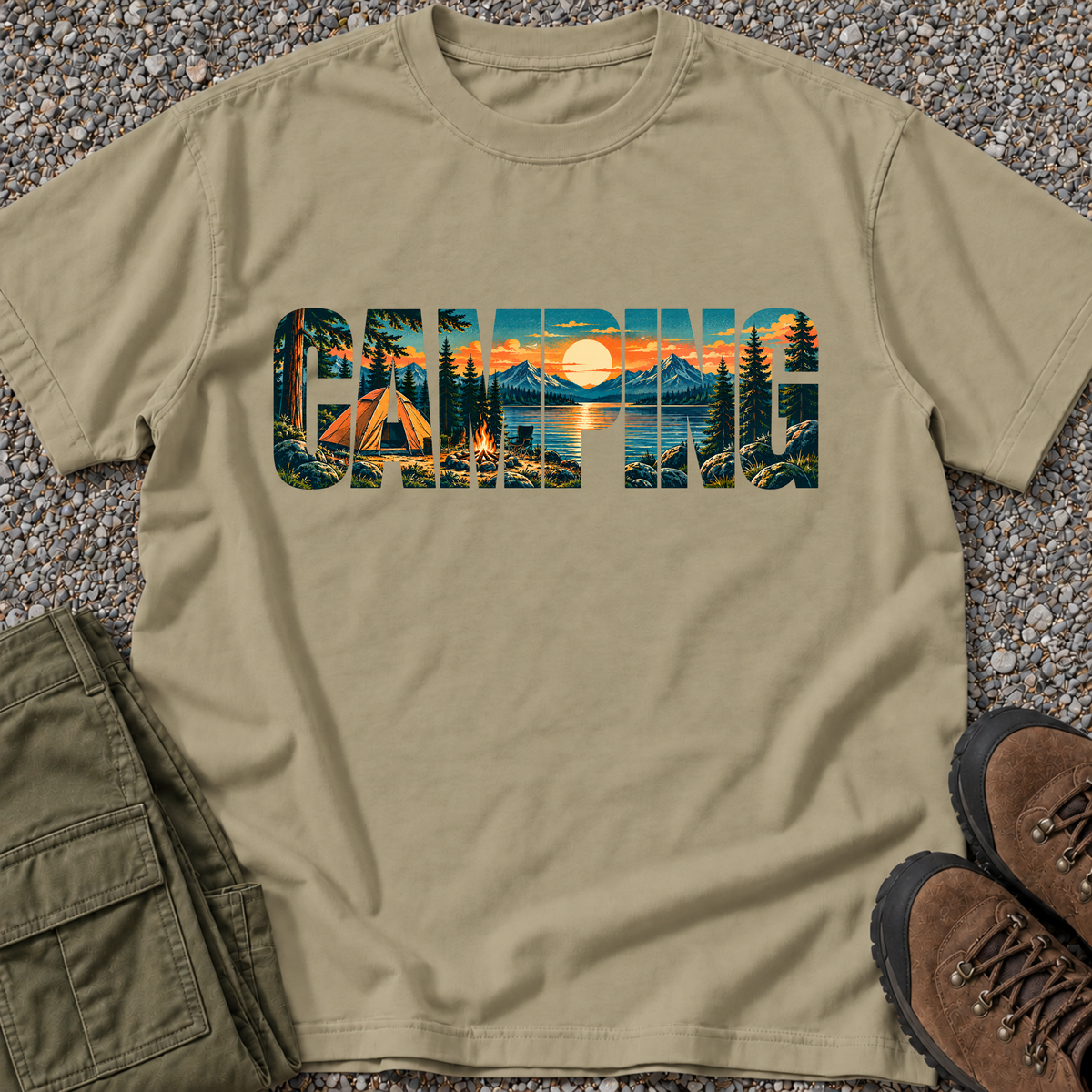 Camping Scenic Lettering T-shirt in Khaki
