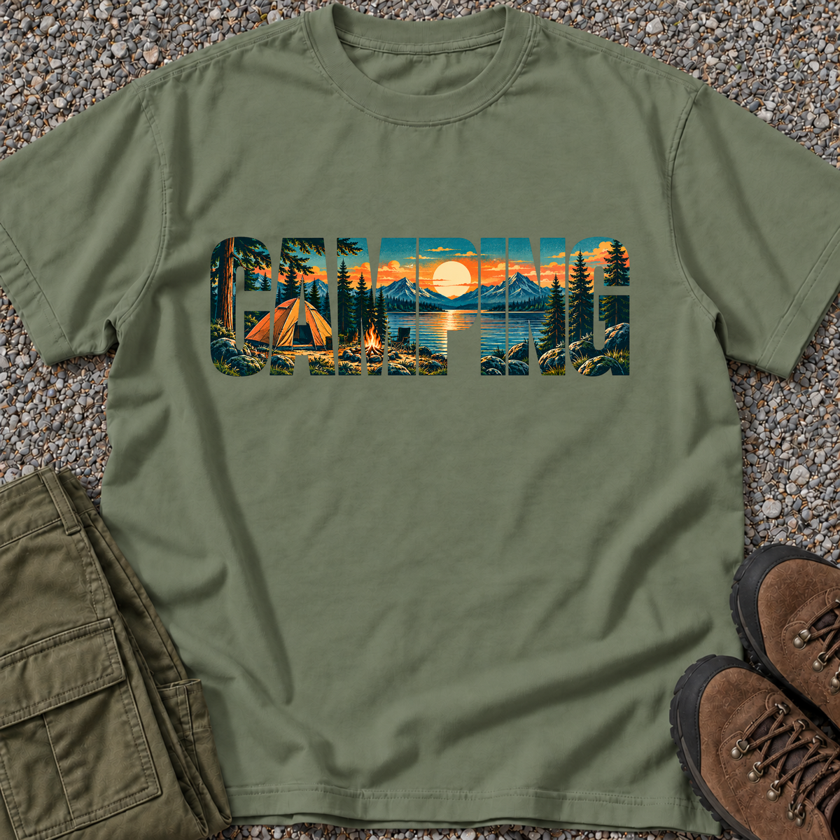Camping Scenic Lettering T-shirt in Moss