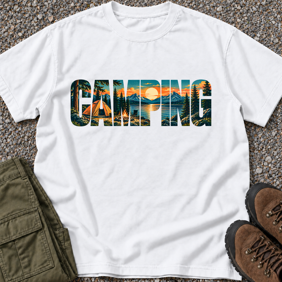 Camping Scenic Lettering T-shirt in White