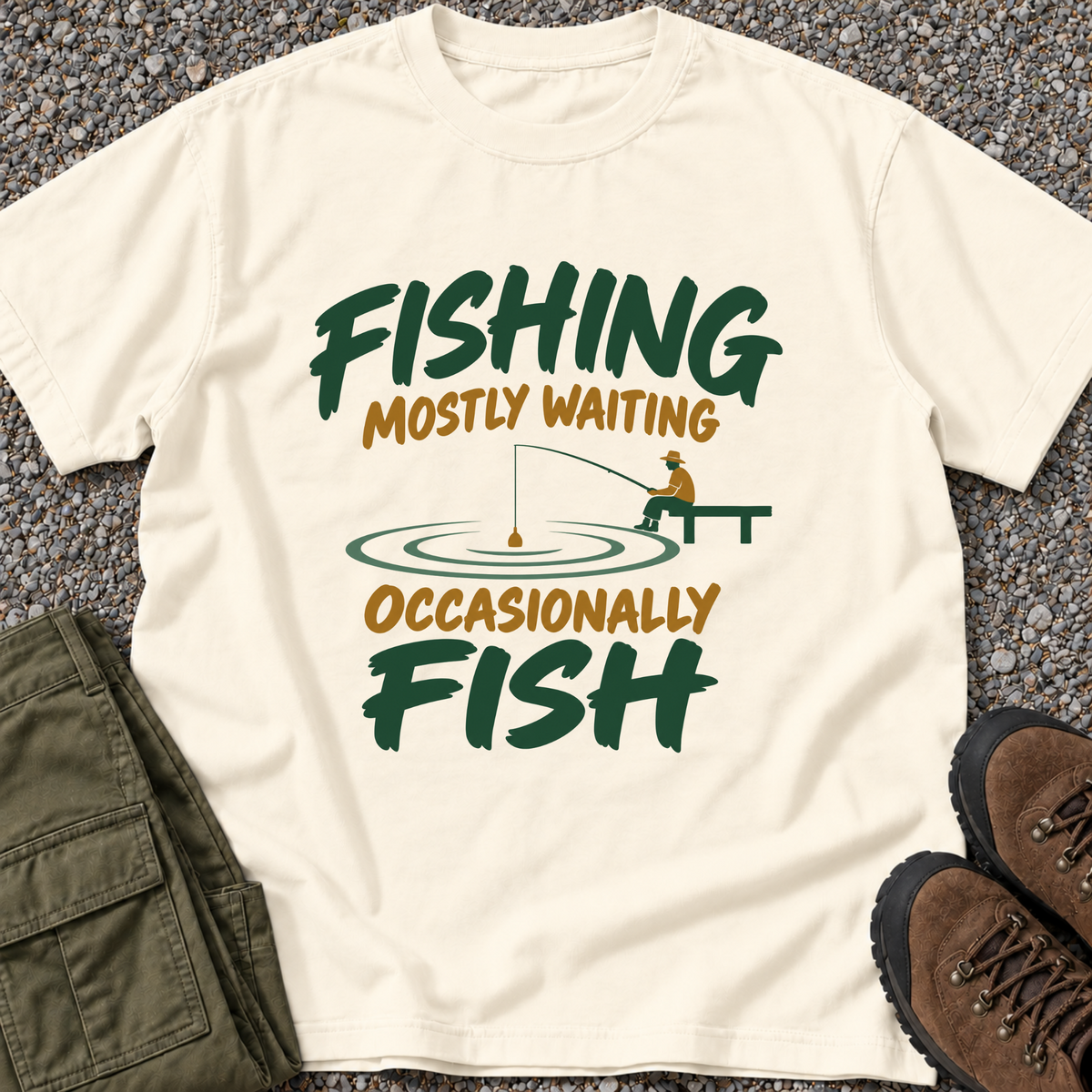 Fishing. Mostly Waiting. Occasionally Fish. T-shirt in Ivory