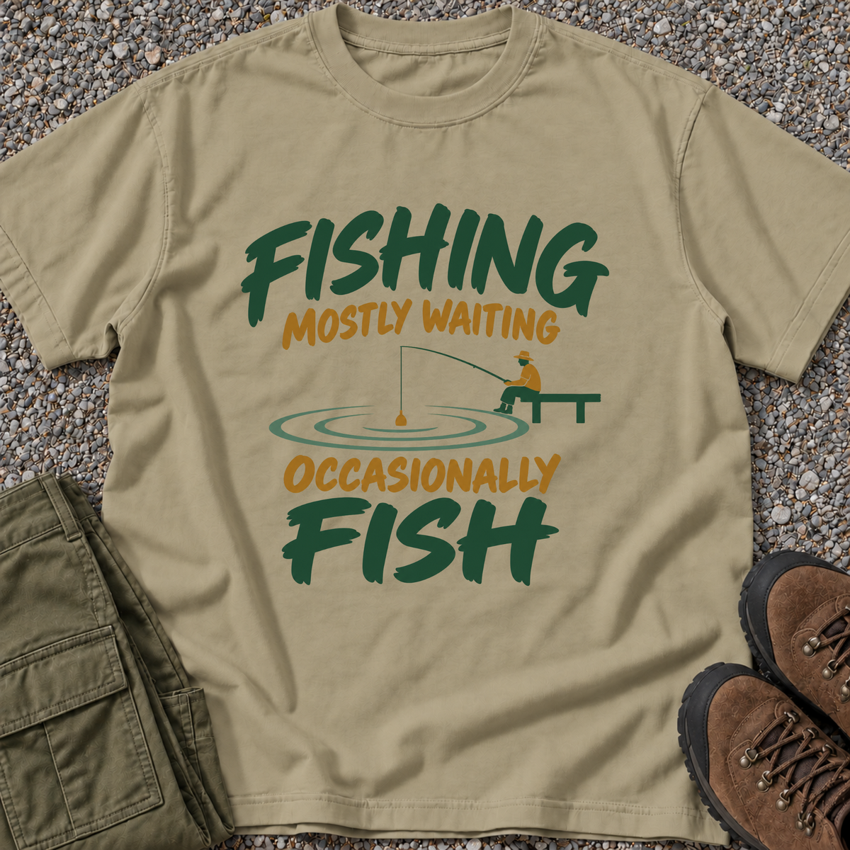Fishing. Mostly Waiting. Occasionally Fish. T-shirt in Khaki