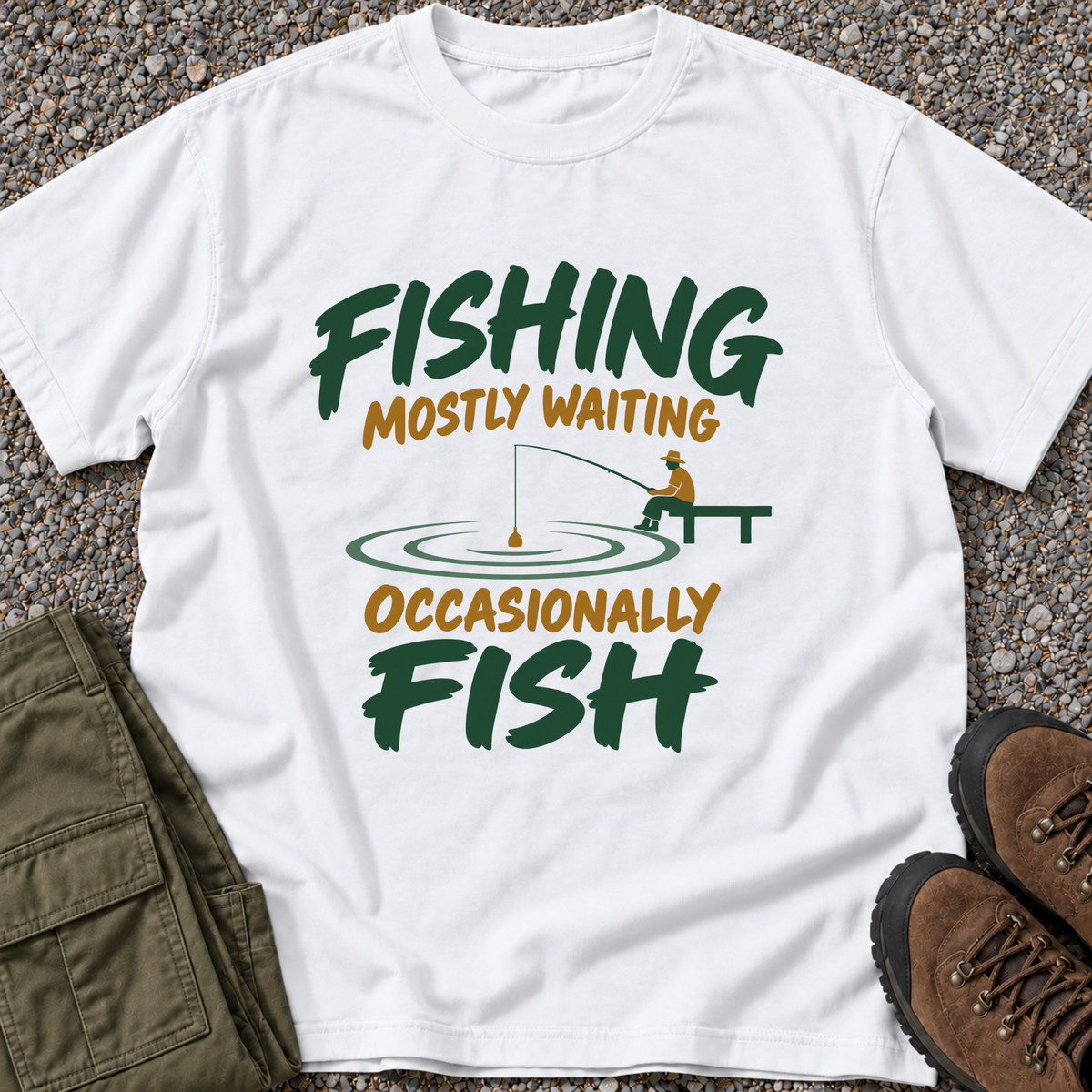 Fishing. Mostly Waiting. Occasionally Fish. T-shirt in White