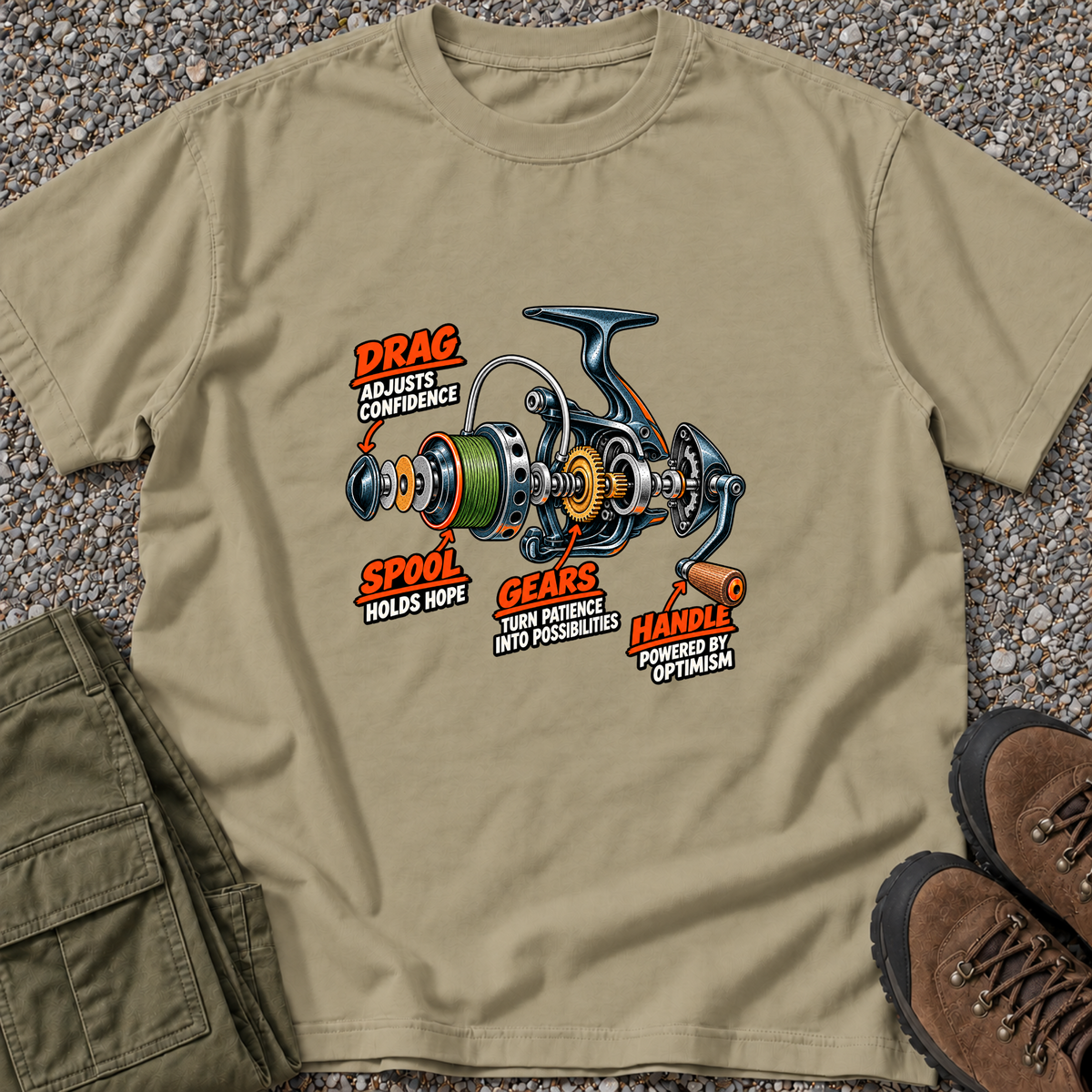 Fishing Reel Diagram T-shirt in Khaki