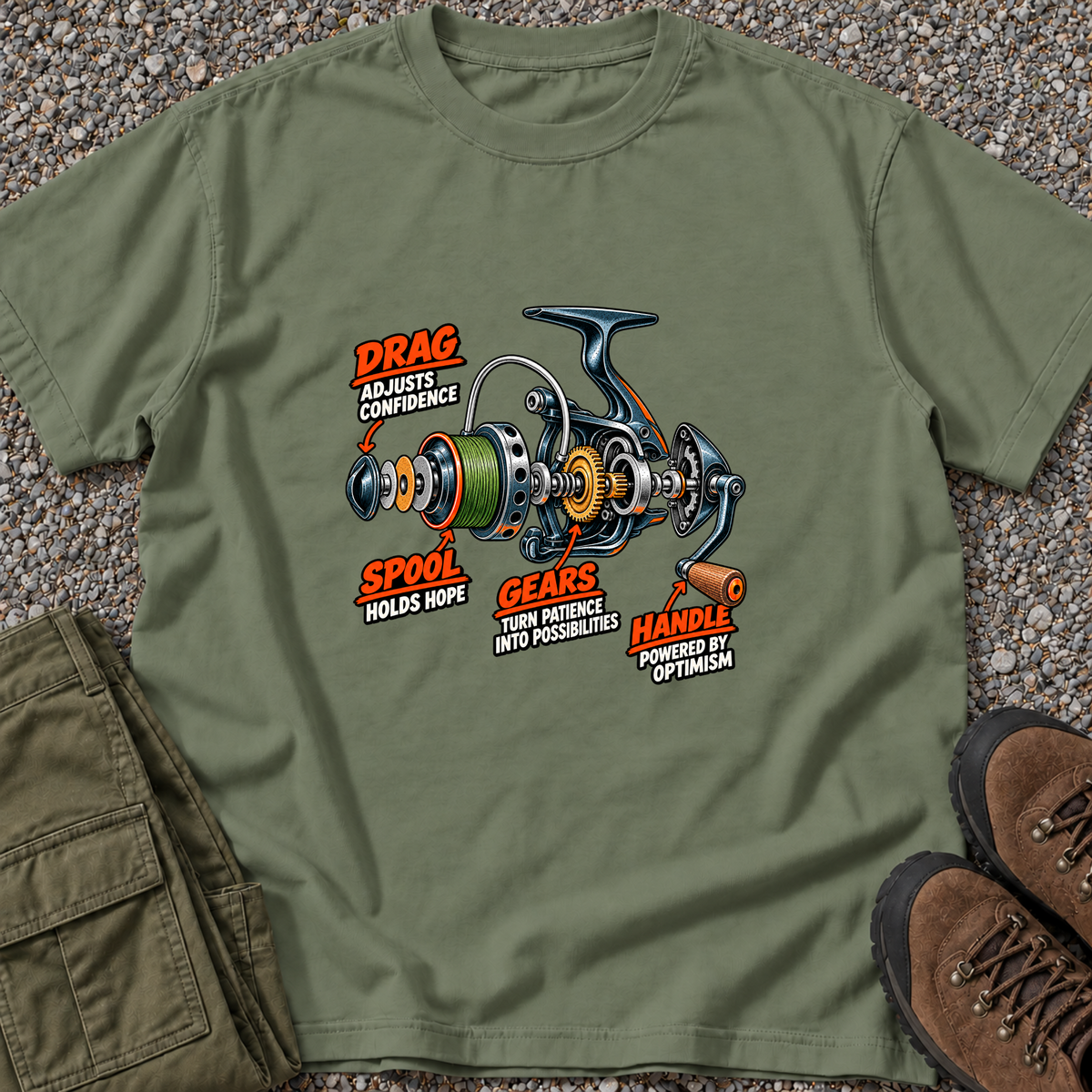 Fishing Reel Diagram T-shirt in Moss