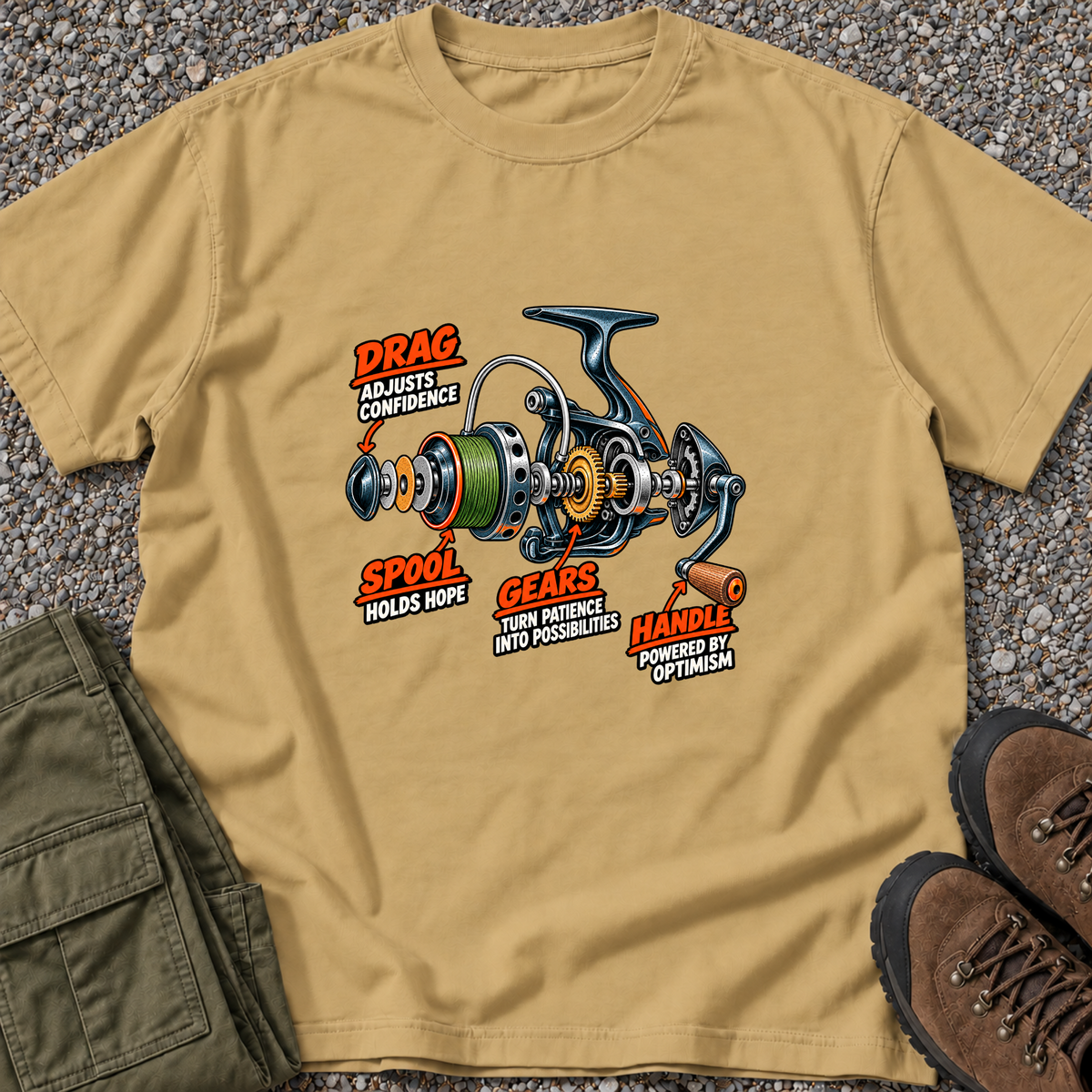 Fishing Reel Diagram T-shirt in Mustard