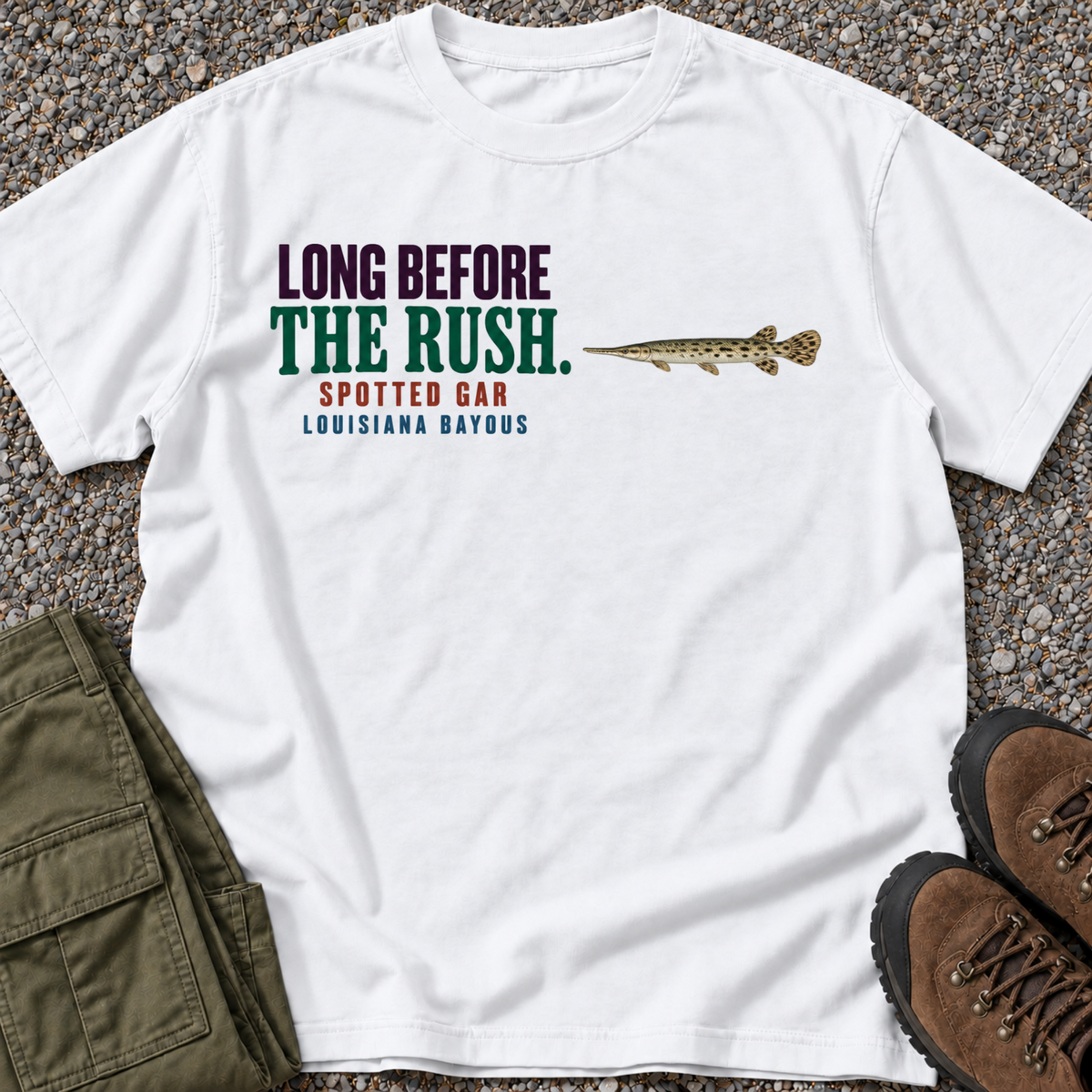 Long Before the Rush Spotted Gar Louisiana Bayou T-Shirt in White [Drive 1fOim8dXMPpXCToqeS1Yx5sUijrChpw3K]
