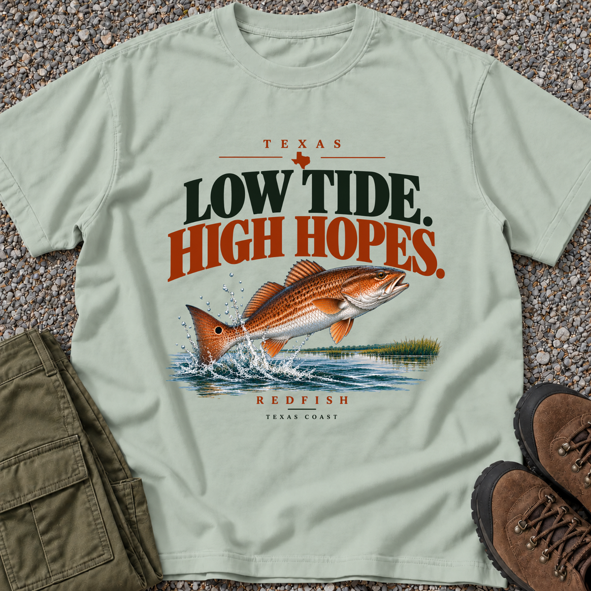 Low Tide, High Hopes Redfish T-shirt in Bay