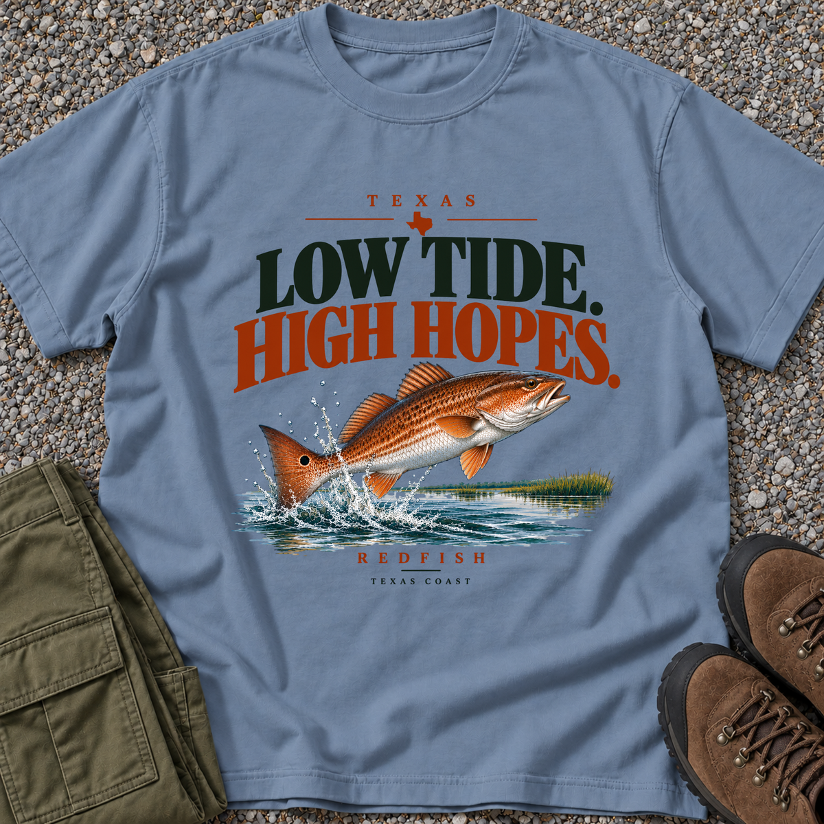 Low Tide, High Hopes Redfish T-shirt in Blue Jean