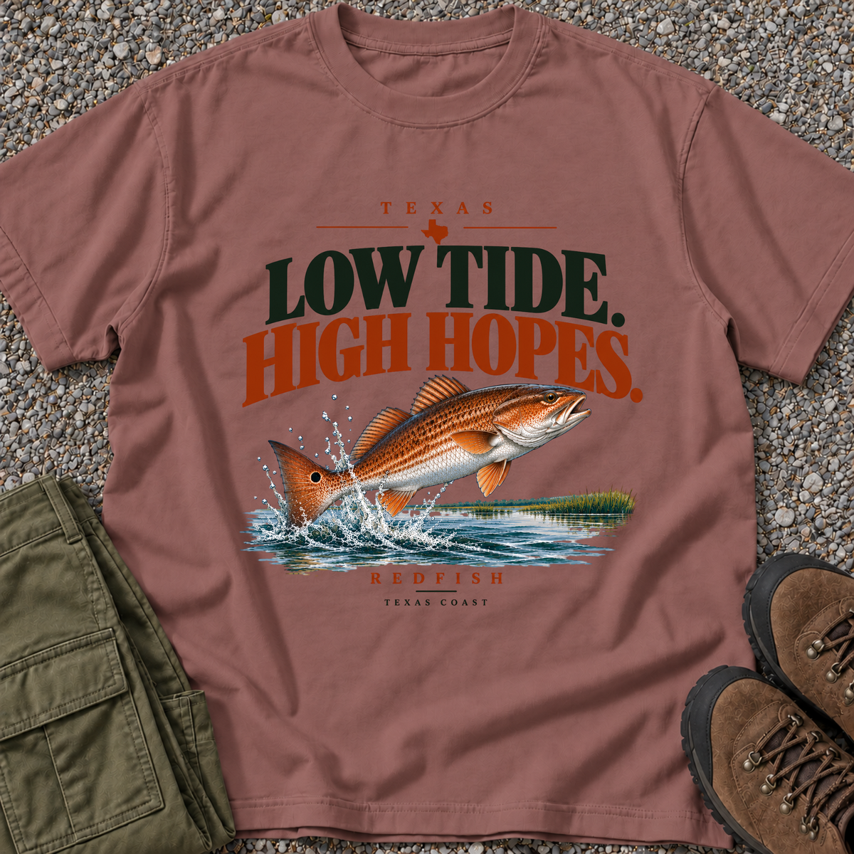 Low Tide, High Hopes Redfish T-shirt in Brick