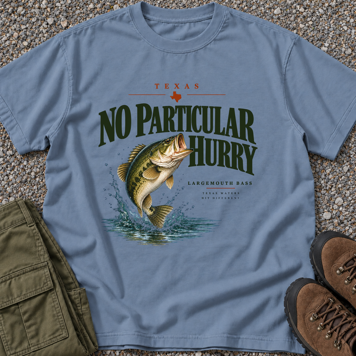 No Particular Hurry Fishing T-shirt in Blue Jean