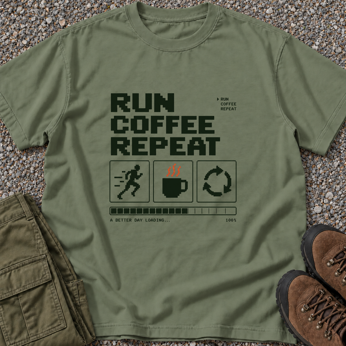 Run Coffee Repeat T-shirt in Moss