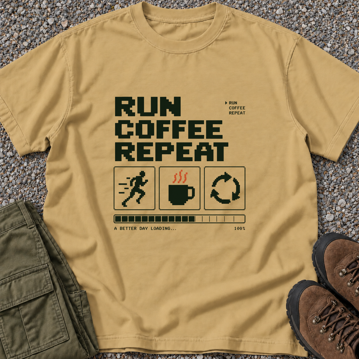 Run Coffee Repeat T-shirt in Mustard