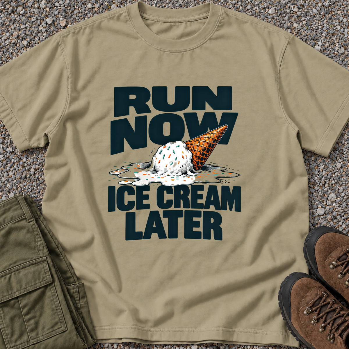 Run Now, Ice Cream Later T-shirt in Khaki