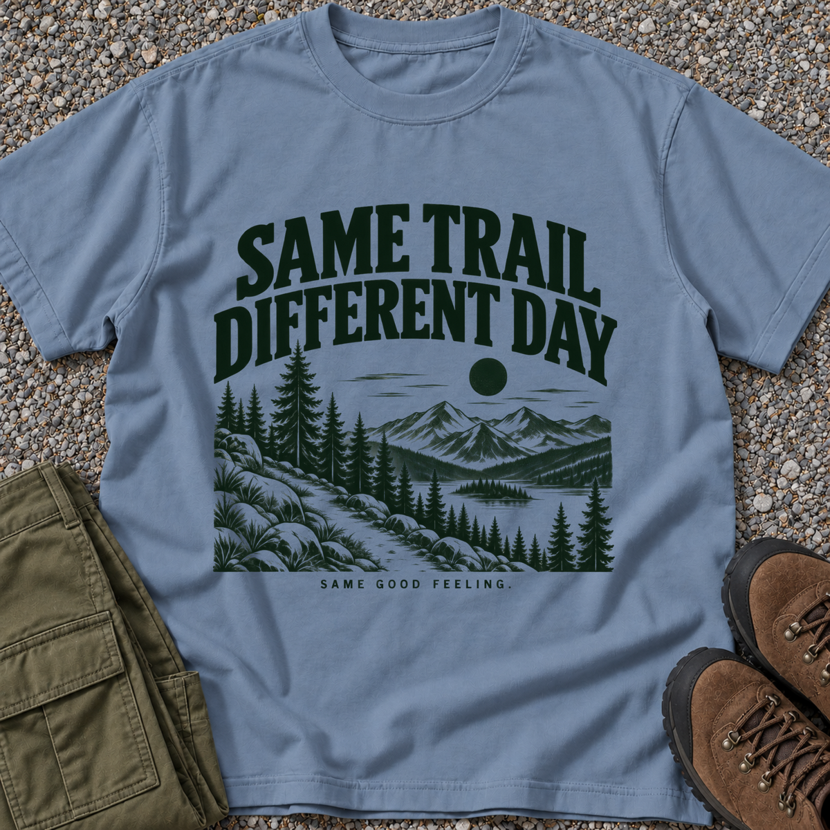 Same Trail Different Day T-shirt in Blue Jean