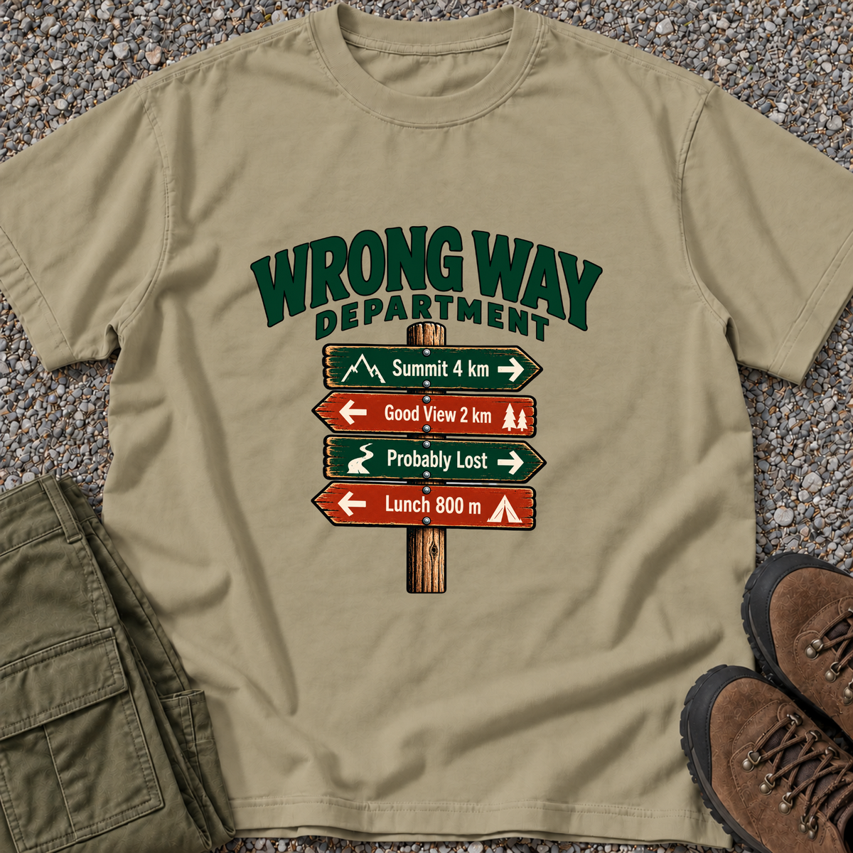 Wrong Way Department — Signpost T-shirt in Khaki