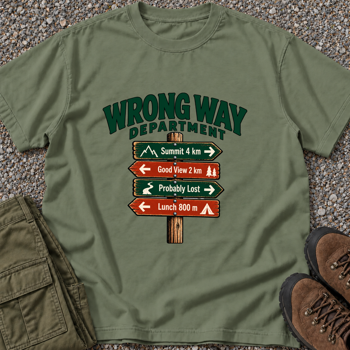 Wrong Way Department — Signpost T-shirt in Moss